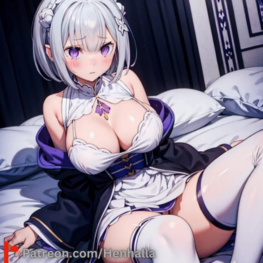 big_breasts breasts dress emilia emilia_(re:zero) henhalla purple_eyes shy silver_hair young younger_female