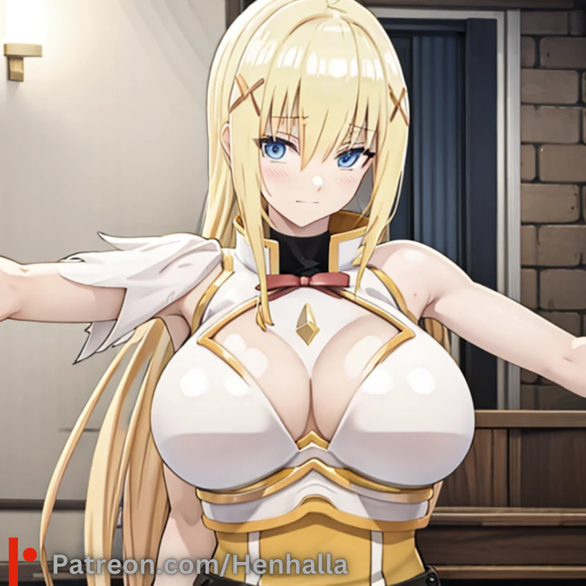 1girl 1girl big_breasts breasts dress henhalla long_hair shy solo_female yellow_hair young younger_female