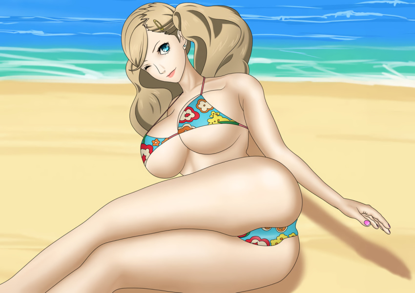 1girl 2d alluring ann_takamaki ass beach big_breasts bikini blonde_hair blue_bikini blue_eyes blue_swimsuit earrings hairclip looking_at_viewer ocean outside painted_fingernails pattern_bikini pattern_swimsuit persona persona_5 sae_niijima_(artist) saeniijima swimsuit twin_tails water