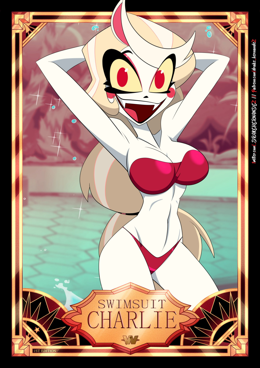 1girl alluring big_breasts bikini bikini_girl blonde_hair charlie_morningstar_(hazbin_hotel) demon demon_girl demon_humanoid female_focus female_only great_dude hazbin_hotel pin_up red_bikini red_eyes swimwear white_body white_skin