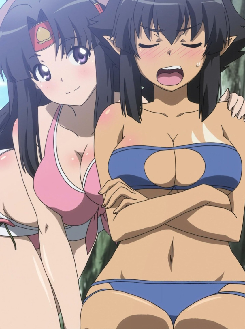 2_girls all_fours bare_arms bare_legs bare_shoulders big_breasts big_breasts bikini black_hair blue_bikini blue_swimsuit blush breasts cleavage closed_eyes closed_mouth crossed_arms dark-skinned_female dark_skin day demon_girl duo female_only hair_between_eyes hand_on_another's_shoulder interracial long_hair looking_at_another looking_at_viewer midriff momo_kyun_sword momoko_(momokyun) multiple_girls navel neck onihime_(momokyun) open_mouth outside pink_bikini pink_swimsuit pointy_ears purple_eyes screencap serious sitting smile strapless strapless_bikini strapless_swimsuit sweatdrop swimsuit teeth thick_thighs thighs upper_teeth_only yuri