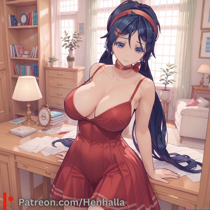 1girl 1girls big_breasts blue_eyes breasts dress henhalla miside mita mita_(miside) solo_female young younger_female