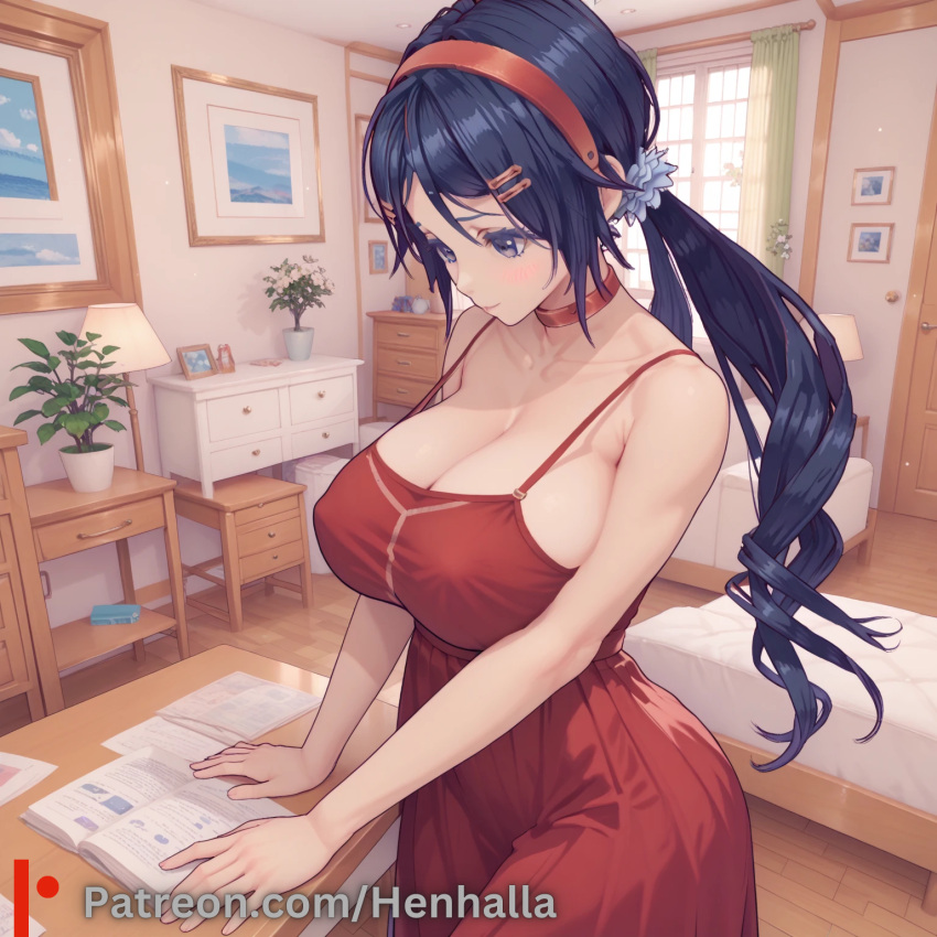 1girl 1girls big_breasts blue_eyes breasts dress henhalla miside mita mita_(miside) solo_female young younger_female