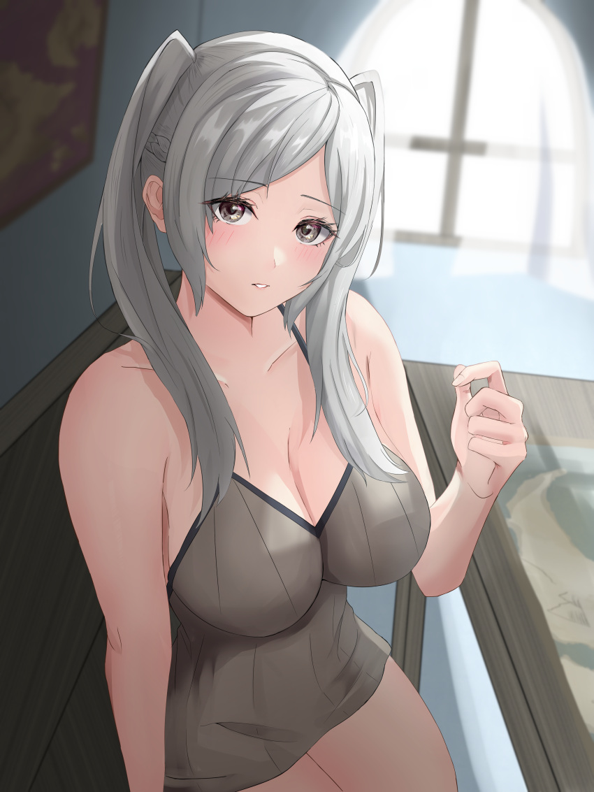 1girl 1girl absurd_res alluring bare_shoulders big_breasts blush brown_eyes cleavage commentary_request fire_emblem fire_emblem_awakening grey_shirt high_res indoors long_hair looking_at_viewer nintendo parted_lips peli_cantaro robin_(fire_emblem) robin_(fire_emblem)_(female) shirt sleeveless sleeveless_shirt sunlight swept_bangs table twin_tails white_hair window