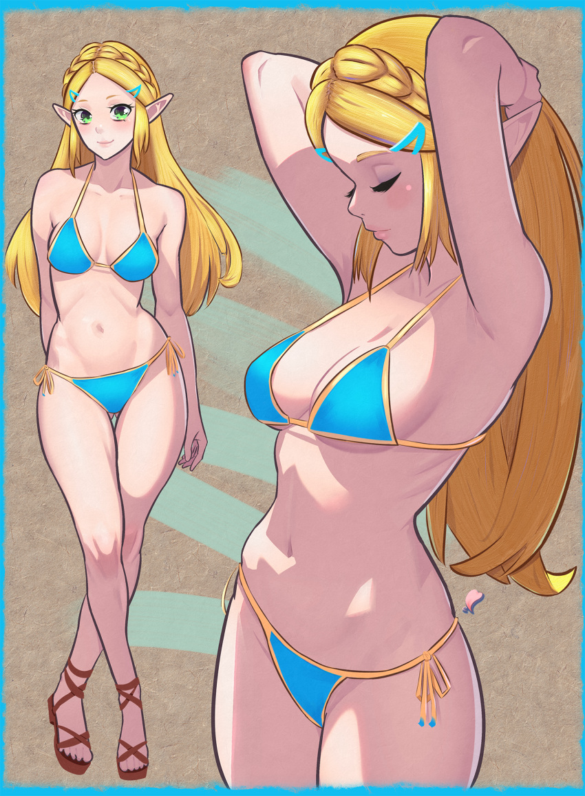 1girl 1girl alluring arms_behind_head big_breasts bikini blonde_hair blue_bikini braid cleavage commentary crown_braid elementary_(lolipope) green_eyes hair_ornament hairclip high_res long_hair multiple_views navel nintendo pointy_ears princess_zelda sandals side-tie_bikini_bottom sidelocks smile swimsuit the_legend_of_zelda the_legend_of_zelda:_tears_of_the_kingdom