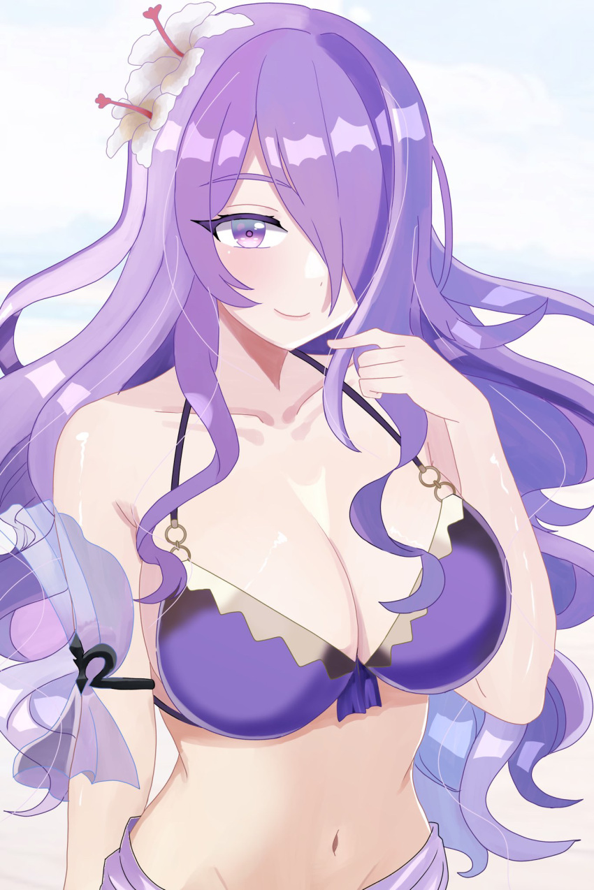 1girl 1girl alluring big_breasts bikini camilla_(fire_emblem) camilla_(tropical_beauty)_(fire_emblem) cleavage closed_mouth collarbone commentary_request eyelashes fire_emblem fire_emblem_fates fire_emblem_heroes flower hair_flower hair_ornament hair_over_one_eye high_res long_hair looking_at_viewer loose_hair_strand n_54 navel nintendo o-ring o-ring_bikini official_alternate_costume purple_eyes purple_pupils smile standing swimsuit wavy_hair white_flower