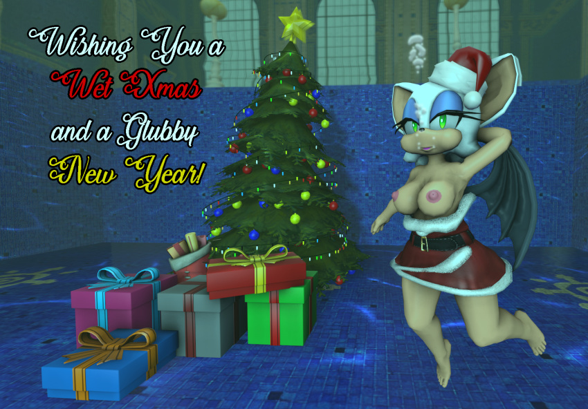 1girl 3d 3d_(artwork) air_bubbles anthro barefoot bat big_breasts breasts bubbles christmas christmas_lights christmas_ornaments christmas_tree drunk_crowley feet female furry holding_breath holidays looking_at_viewer new_year nipples pool presents puffed_cheeks rouge_the_bat santa_costume santa_hat sega solo sonic_(series) sonic_the_hedgehog_(series) source_filmmaker star swimming topless underwater water