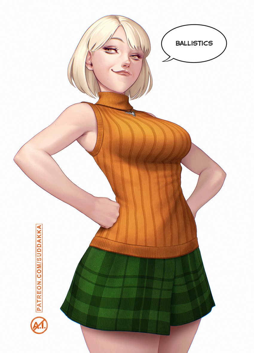 1girl 1girls 2d ashley_graham ballistics big_breasts biohazard biohazard_4 blonde_female blonde_hair capcom female_only human light-skinned_female light_skin medium_hair resident_evil resident_evil_4 resident_evil_4_(remake) resident_evil_4_remake skirt straight_hair suddakka thick_thighs twitter white_female