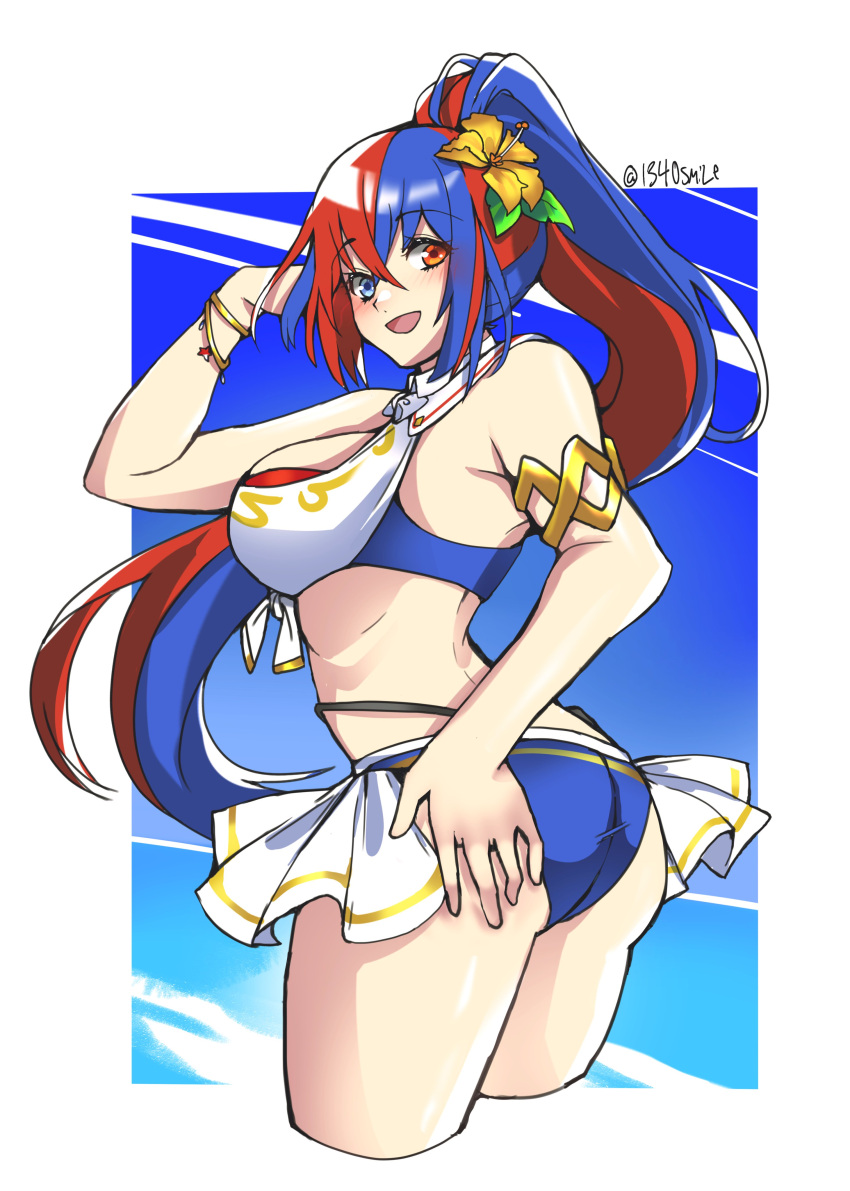 1340smile 1girl absurd_res alear_(female)_(fire_emblem) alear_(female)_(seaside_dragon)_(fire_emblem) alear_(fire_emblem) alluring ass big_breasts bikini blue_bikini blue_eyes blue_hair cropped_legs crossed_bangs fire_emblem fire_emblem_engage fire_emblem_heroes heterochromia high_res intelligent_systems long_hair looking_at_viewer multicolored_clothes multicolored_hair nintendo official_alternate_costume official_alternate_hairstyle ponytail red_bikini red_eyes red_hair split-color_hair swimsuit two-tone_hair very_long_hair white_bikini