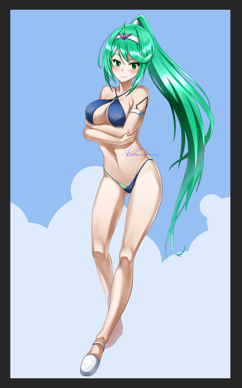 1girl 1girl 1girl alluring big_breasts bikini cleavage green_eyes green_hair heroine nintendo pin_up pneuma pneuma_(xenoblade) ponytail solo_female ver-k xenoblade_(series) xenoblade_chronicles_2