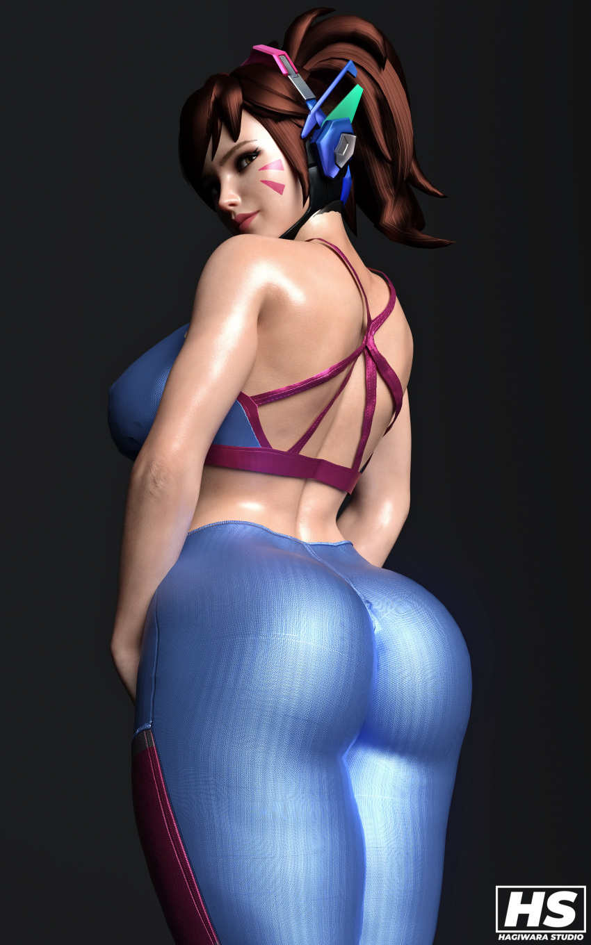 1girl 3d alluring ass athletic_female big_breasts blizzard_entertainment brown_hair d.va female_only fit_female gym_pants hagiwara_studio hana_song long_hair overwatch ponytail sports_bra tagme thick_thighs wide_hips