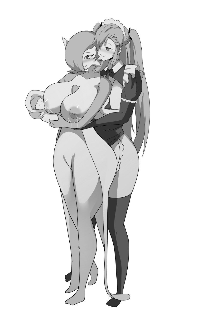1girl abirdeer absurd_res accessory akeno_(itsnafulol) anthro belly between_breasts big_breasts bikini bikini_top black_and_white blush breast_sucking breastfeeding breasts clothing creature_mother_human_baby duo feet futa_wife futanari futanari_on_female gardevoir generation_3_pokemon gynomorph gynomorph/female hair hair_accessory hair_over_eye hair_ribbon happy high_res human human_is_better human_on_anthro intersex intersex/female interspecies legwear maid_apron maid_headdress maid_uniform mammal monochrome nintendo pokemon pokemon_(species) pokephilia ribbons stockings swimwear thick_thighs twintails_(hairstyle) two-piece_swimsuit uniform wide_hips