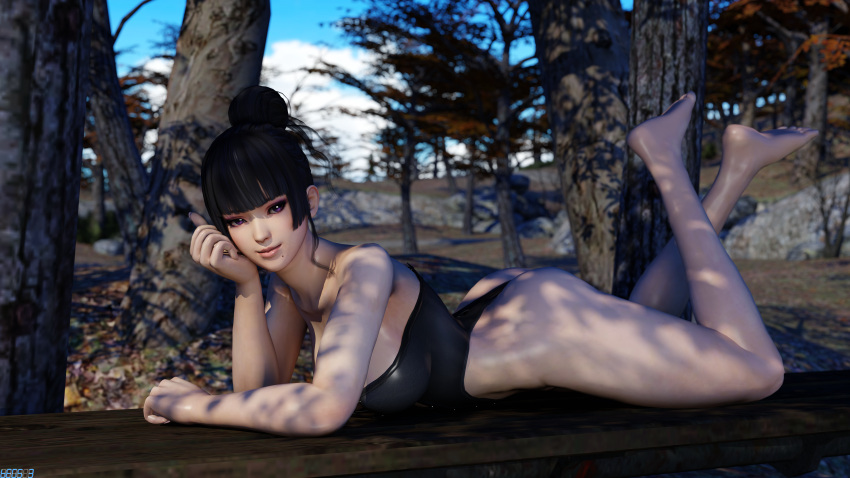 1girl alluring bare_legs begs3 big_breasts bikini black_hair dead_or_alive dead_or_alive_6 dead_or_alive_xtreme_venus_vacation nyotengu one-piece_bikini purple_eyes tecmo