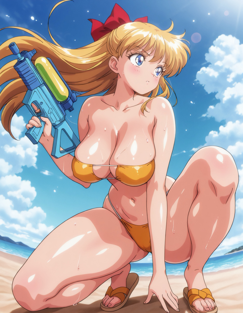 1girl alluring beach big_breasts bikini bishoujo_senshi_sailor_moon blue_sky minako_aino nightcore_(artist) ocean super_soaker