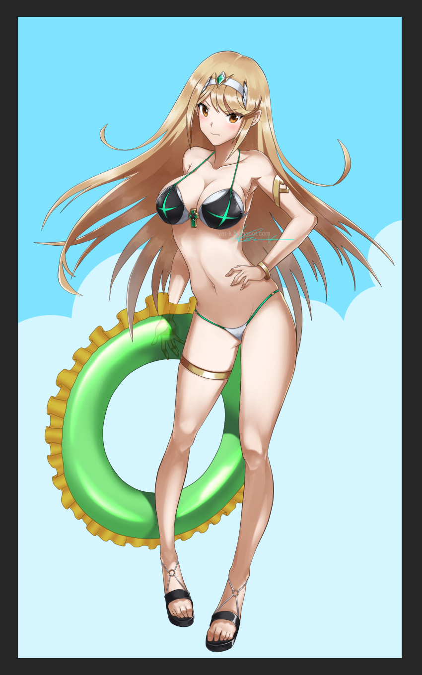 1girl \ alluring big_breasts bikini blonde_hair cleavage heroine inner_tube long_hair mythra nintendo solo_female ver-k xenoblade_(series) xenoblade_chronicles_2 yellow_eyes