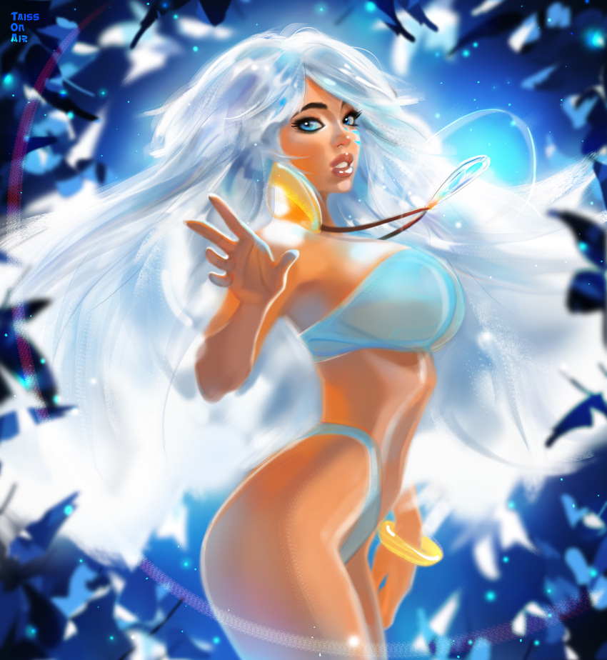 1girl atlantis:_the_lost_empire big_breasts bikini blue_eyes bracelet breasts coffeeart dark-skinned_female dark_skin disney earrings female_only female_solo hand_up jewelry light_blue_bikini light_blue_swimsuit lips lipstick long_hair looking_at_viewer makeup neck necklace parted_lips pink_lipstick princess_kidagakash strapless strapless_bikini strapless_swimsuit swimsuit very_long_hair white_hair