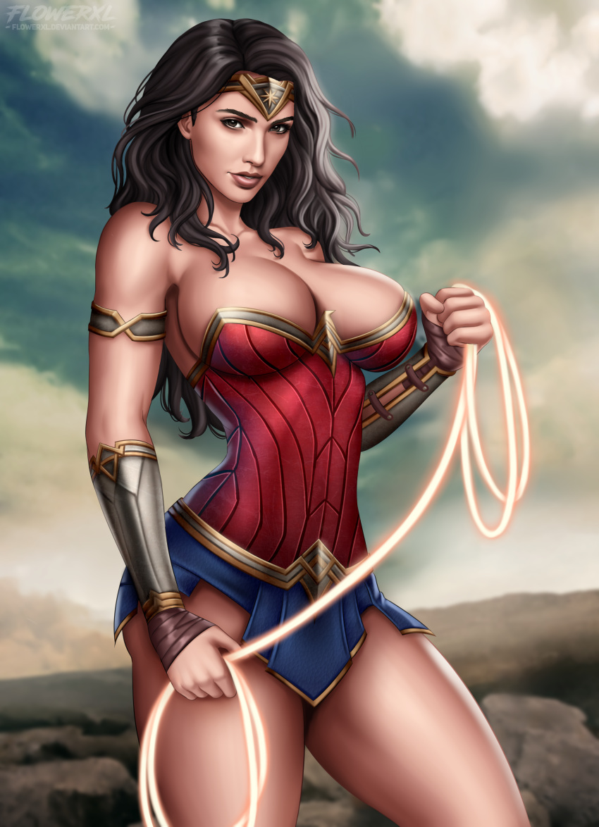 1girl 1girl 1girls actress alternate_breast_size arm_bracers big_breasts big_breasts breasts celeb cleavage corset daytime dc_comics dc_extended_universe dceu diana_prince female_only fit flowerxl gal_gadot lasso_of_truth looking_at_viewer pinup real_person realistic skirt standing thick_thighs tiara weapon wide_hips wonder_woman wonder_woman_(series)