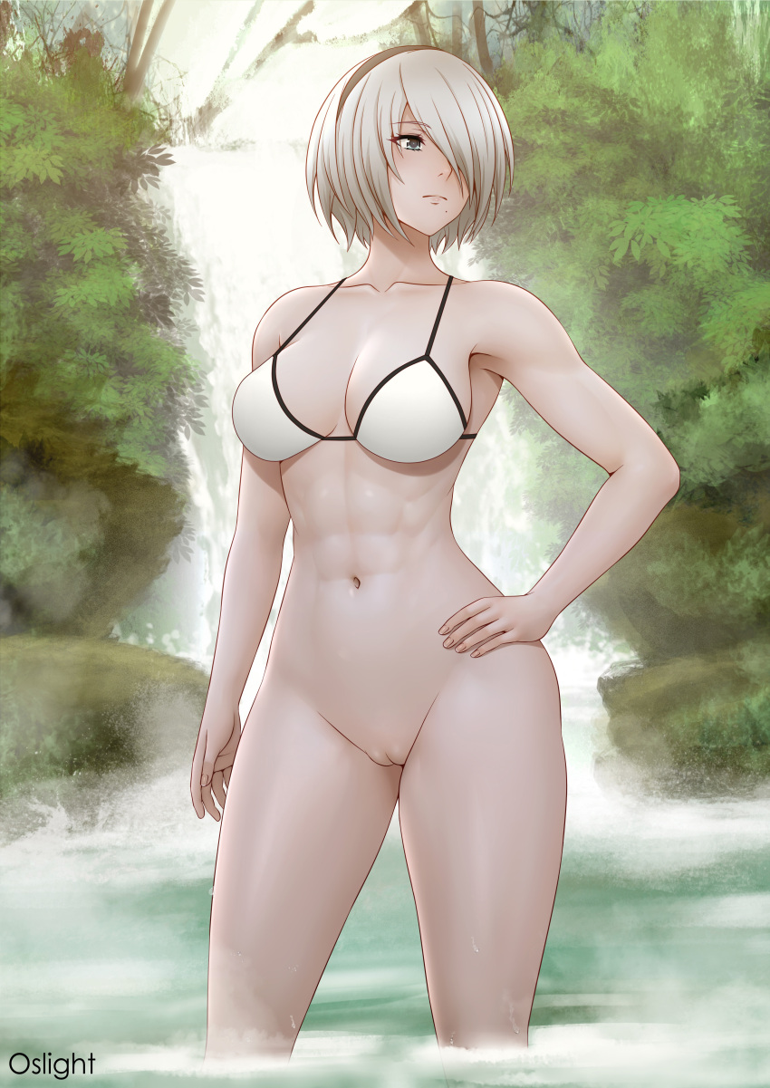 1girl abs absurd_res alluring alternate_version_available aqua_eyes athletic athletic_female bare_legs big_breasts bikini bikini_top_only female_abs female_only fit fit_female hairband hand_on_hip hand_on_own_hip high_res in_water light-skinned_female light_skin mole mole_under_mouth naked_from_the_waist_down navel nier:_automata nier_(series) oslight outside pin_up short_hair square_enix wading water white_hair yorha_2b yorha_no._2_type_b