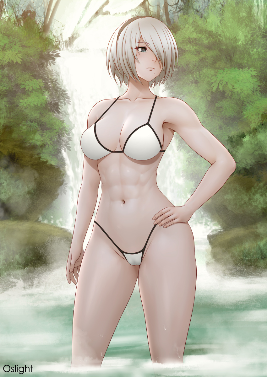 1girl abs absurd_res alluring alternate_version_available aqua_eyes athletic athletic_female bare_legs big_breasts bikini female_abs female_only fit fit_female hairband hand_on_hip hand_on_own_hip high_res in_water light-skinned_female light_skin mole mole_under_mouth navel nier:_automata nier_(series) oslight outside pin_up short_hair square_enix wading water white_hair yorha_2b yorha_no._2_type_b