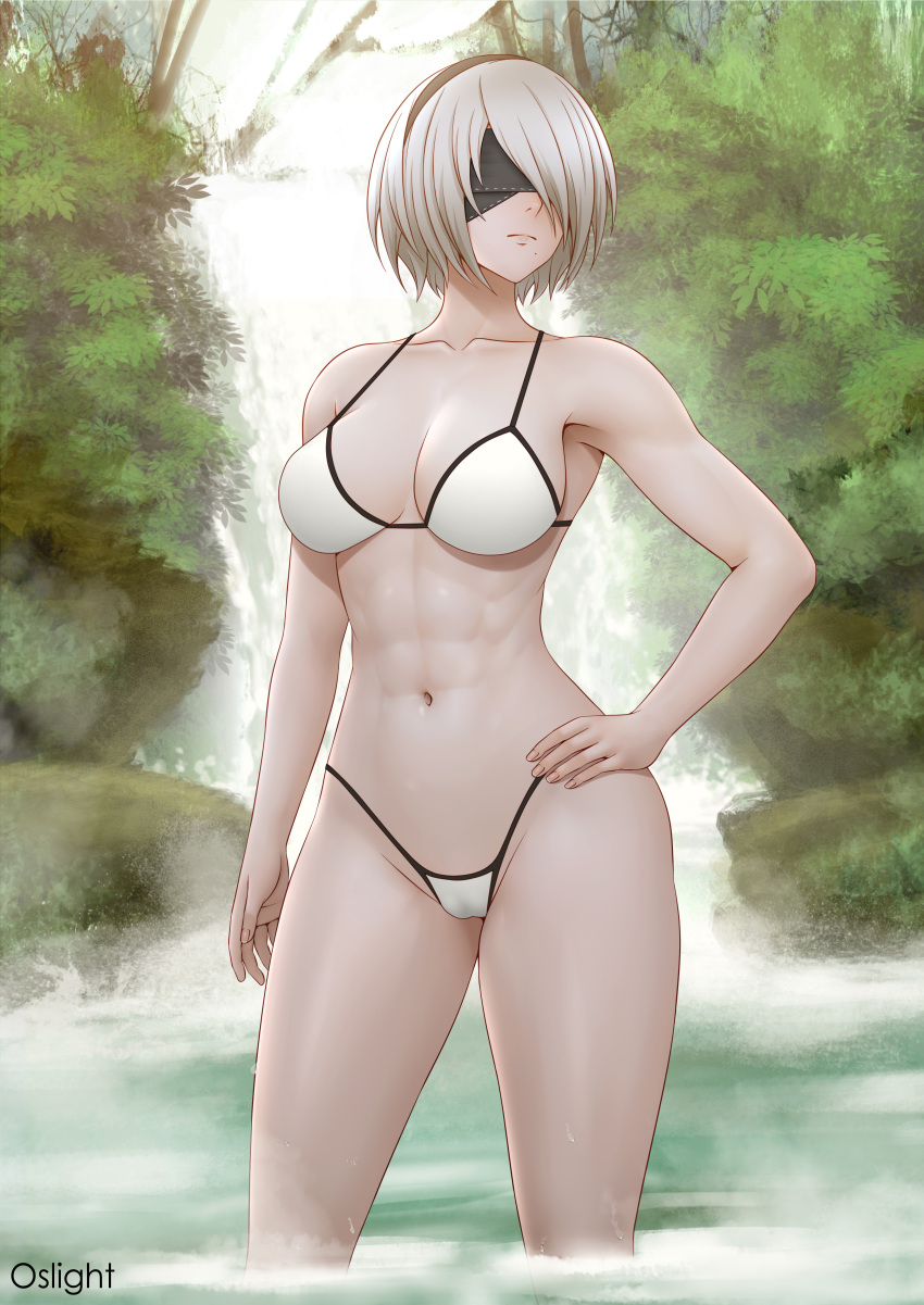1girl abs absurd_res alluring alternate_version_available athletic athletic_female bare_legs big_breasts bikini blindfold female_abs female_only fit fit_female hairband hand_on_hip hand_on_own_hip high_res in_water light-skinned_female light_skin mole mole_under_mouth navel nier:_automata nier_(series) oslight outside pin_up short_hair square_enix wading water white_hair yorha_2b yorha_no._2_type_b