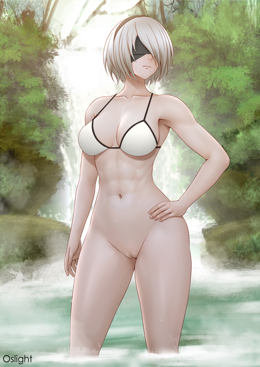 1girl abs absurd_res alluring alternate_version_available athletic athletic_female bare_legs big_breasts bikini bikini_top_only blindfold female_abs female_only fit fit_female hairband hand_on_hip hand_on_own_hip high_res in_water light-skinned_female light_skin mole mole_under_mouth naked_from_the_waist_down navel nier:_automata nier_(series) oslight outside pin_up pussy short_hair square_enix wading water white_hair yorha_2b yorha_no._2_type_b
