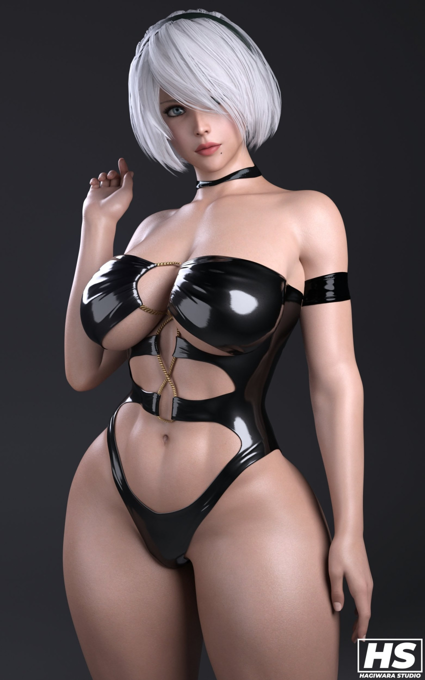 1girl alluring athletic_female big_breasts female_abs fit_female hagiwara_studio lingerie nier:_automata square_enix white_hair yorha_no._2_type_b