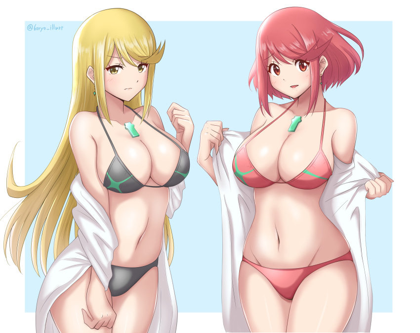 2_girls 6oryo_illust absurd_res alluring artist_name big_breasts bikini black_bikini blonde_hair chest_jewel closed_mouth clothes_down commentary_request core_crystal_(xenoblade) cowboy_shot earrings embarrassed high_res jewelry long_hair looking_at_viewer multiple_girls mythra navel nintendo open_clothes open_robe parted_lips pyra red_bikini red_eyes red_hair robe ryochan96154 short_hair stomach swept_bangs swimsuit twitter_username very_long_hair xenoblade_(series) xenoblade_chronicles_2