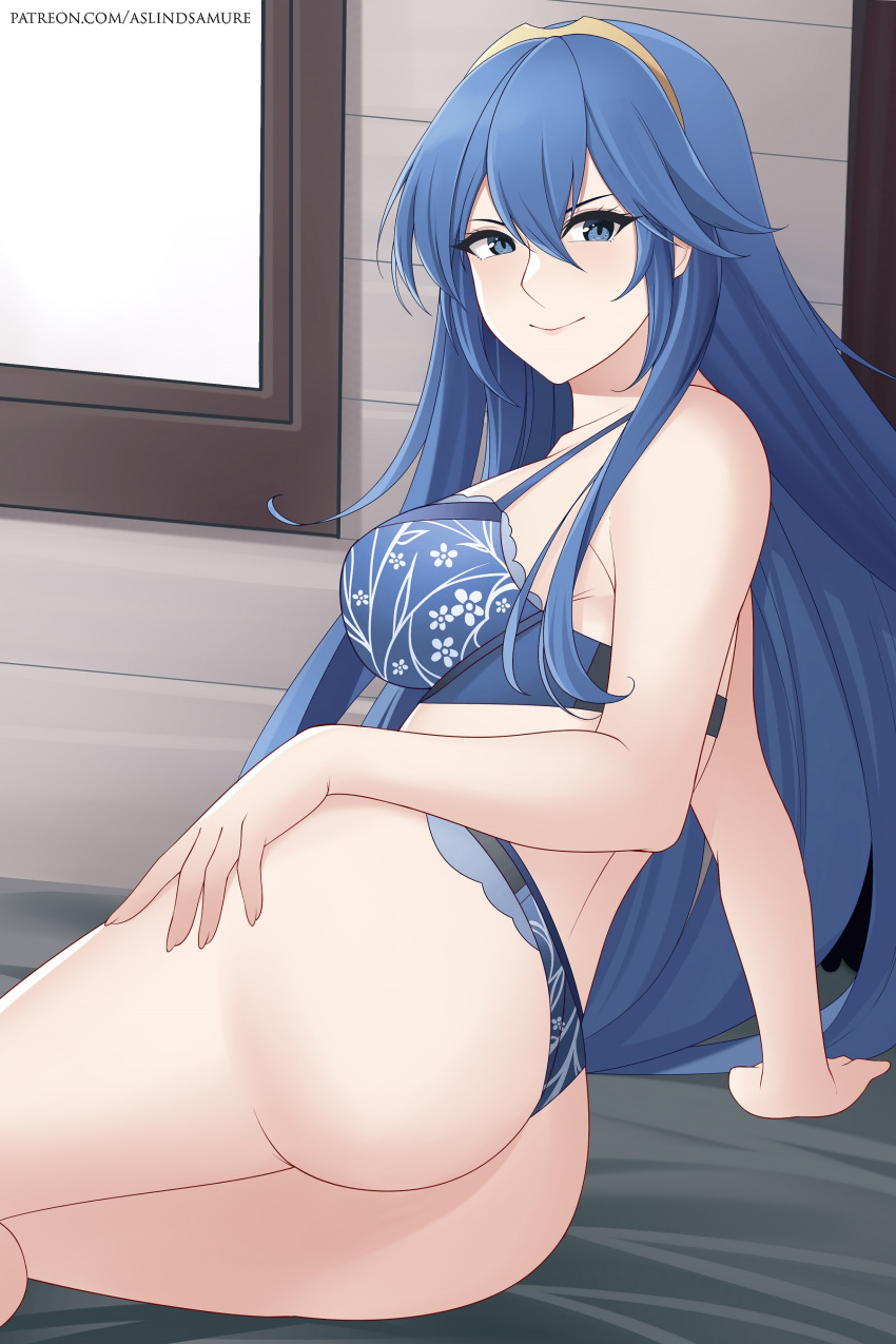 1girl alluring areola aslind_samure aslindsamure ass back back_view bangs bed big_ass big_breasts blue_eyes blue_hair blue_lingerie blue_panties bra bra_strap collarbone female_only fire_emblem fire_emblem_awakening floral_print gold hand_on_thigh heroine intelligent_systems large_ass leaning_on_hand legs legs_together lingerie long_blue_hair long_hair looking_at_viewer lucina lucina_(fire_emblem) naughty_face nintendo panties seductive_smile sideboob sitting sitting_on_bed smile smiling_at_viewer third_party_edit tiara underwear very_long_hair window
