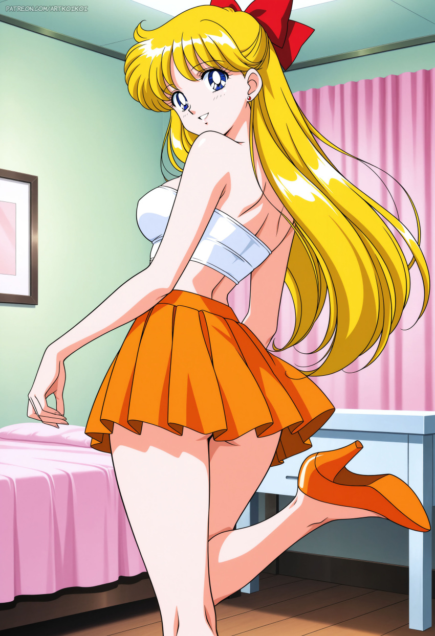 1girl alluring ass big_breasts bishoujo_senshi_sailor_moon blonde_hair blue_eyes cleavage high_heels koikoi_(artist) minako_aino pin_up posing skirt tube_top