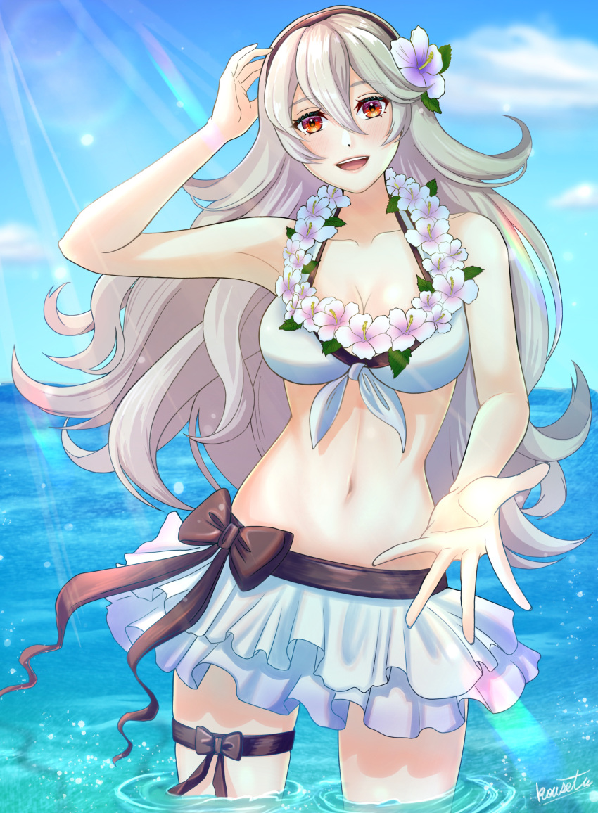 1girl alluring bare_legs beach big_breasts bikini cleavage corrin_(fire_emblem) corrin_(fire_emblem)_(female) corrin_(summer)_(fire_emblem)_(female) fire_emblem fire_emblem_warriors intelligent_systems kousetu0506 magenta_eyes nintendo ocean pin_up silver_hair