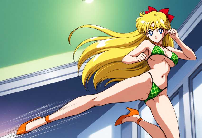 1girl alluring bare_legs big_breasts bikini bishoujo_senshi_sailor_moon blonde_hair blue_eyes cathouse_(artist) high_heels kick kicking minako_aino sailor_venus under_boob venus_kick
