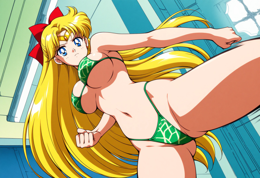 1girl alluring bare_legs big_breasts bikini bishoujo_senshi_sailor_moon blonde_hair blue_eyes cathouse_(artist) kick kicking minako_aino sailor_venus under_boob under_boob