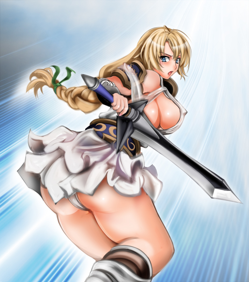 1041_(toshikazu) 1girl alluring armor armored_dress ass bent_over big_breasts blonde_hair blonde_twist blue_eyes boots braid dress frills goddess_bracelet goddess_robe long_hair milf omega_sword panties pantyshot project_soul sideboob silf skirt sophitia_alexandra soul_calibur soul_calibur_ii soul_calibur_iii soul_calibur_vi sword underwear upskirt weapon white_panties