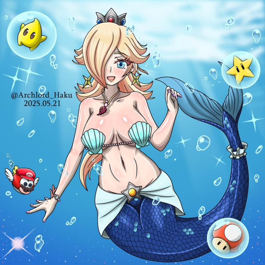 1boy 1girl 2025 ambiguous_gender archlord_haku artist_name ass big_ass big_breasts blonde_female blonde_hair blonde_hair_female blush blush_lines blushing_at_viewer blushing_female bra bracelet breasts cheep_cheep conch crown dated english english_text female female_focus fingernails fish fish_tail luma male mario mario_(series) mario_hat merfolk mermaid mermaid_tail mostly_nude mostly_nude_female mushroom mustache nails nails_painted necklace nintendo nude_female painted_fingernails painted_nails pink_fingernails platinum_blonde_hair princess_rosalina seashell seashell_bra silver_crown super_mario_galaxy super_star text thick_thighs thighs trio underwater