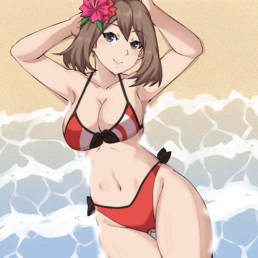 1girl 1girl 1girl absurd_res alluring arms_up beach big_breasts bikini blue_eyes blush brown_hair cleavage commentary cowboy_shot creatures_(company) eyebrows_visible_through_hair flower front-tie_bikini front-tie_top game_freak hair_flower hibiscus high_res highleg highleg_bikini hourglass_figure looking_at_viewer lucky_zero lying may may_(pokemon) medium_hair midriff navel nintendo on_back pokemon pokemon_rse red_bikini relaxing sand side-tie_bikini smile summer swimsuit thigh_gap thighs voluptuous voluptuous_female water zerocgm