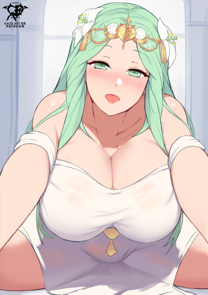1girl 1girl 1girl alluring bare_shoulders big_breasts blush breasts cleavage dress female_only fire_emblem fire_emblem:_three_houses flexible flower green_eyes green_hair hair_flower hair_ornament high_res intelligent_systems kaos_art long_hair looking_at_viewer nintendo open_mouth outstretched_arm pov reaching reaching_towards_viewer rhea_(fire_emblem) smile split spread_legs