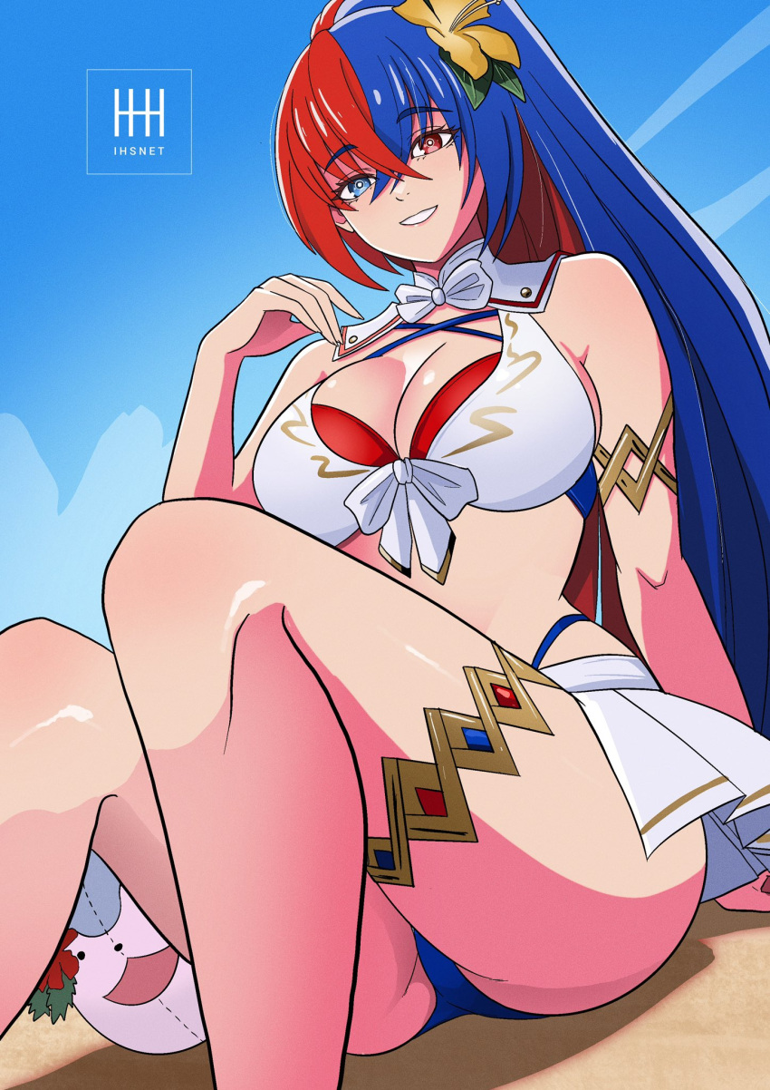 1girl 1girl alear_(female)_(fire_emblem) alear_(female)_(seaside_dragon)_(fire_emblem) alear_(fire_emblem) alluring big_breasts bikini blue_bikini character_ball cleavage criss-cross_halter crossed_bangs fire_emblem fire_emblem_engage fire_emblem_heroes gold_armlet gold_thighlet halterneck heterochromia high_res ihsnet intelligent_systems long_hair multicolored_bikini multicolored_hair nintendo official_alternate_costume official_alternate_hairstyle ponytail red_and_blue_hair red_bikini showgirl_skirt split-color_hair swimsuit two-tone_hair very_long_hair white_bikini