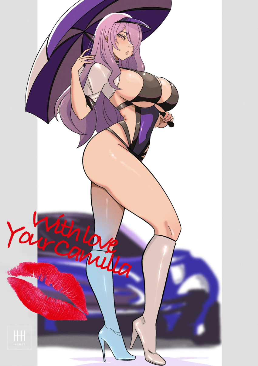 1girl 1girl :o alluring alternate_costume big_breasts black_leotard blowing_kiss boots camilla_(fire_emblem) car cleavage commission fire_emblem fire_emblem_fates hair_ornament hair_over_one_eye high_res holding holding_umbrella ihsnet intelligent_systems knee_boots legs leotard lipstick_mark_on_photo long_hair looking_at_viewer motor_vehicle nintendo purple_eyes purple_hair purple_leotard race_queen sideboob thighs umbrella under_boob very_long_hair wavy_hair white_boots
