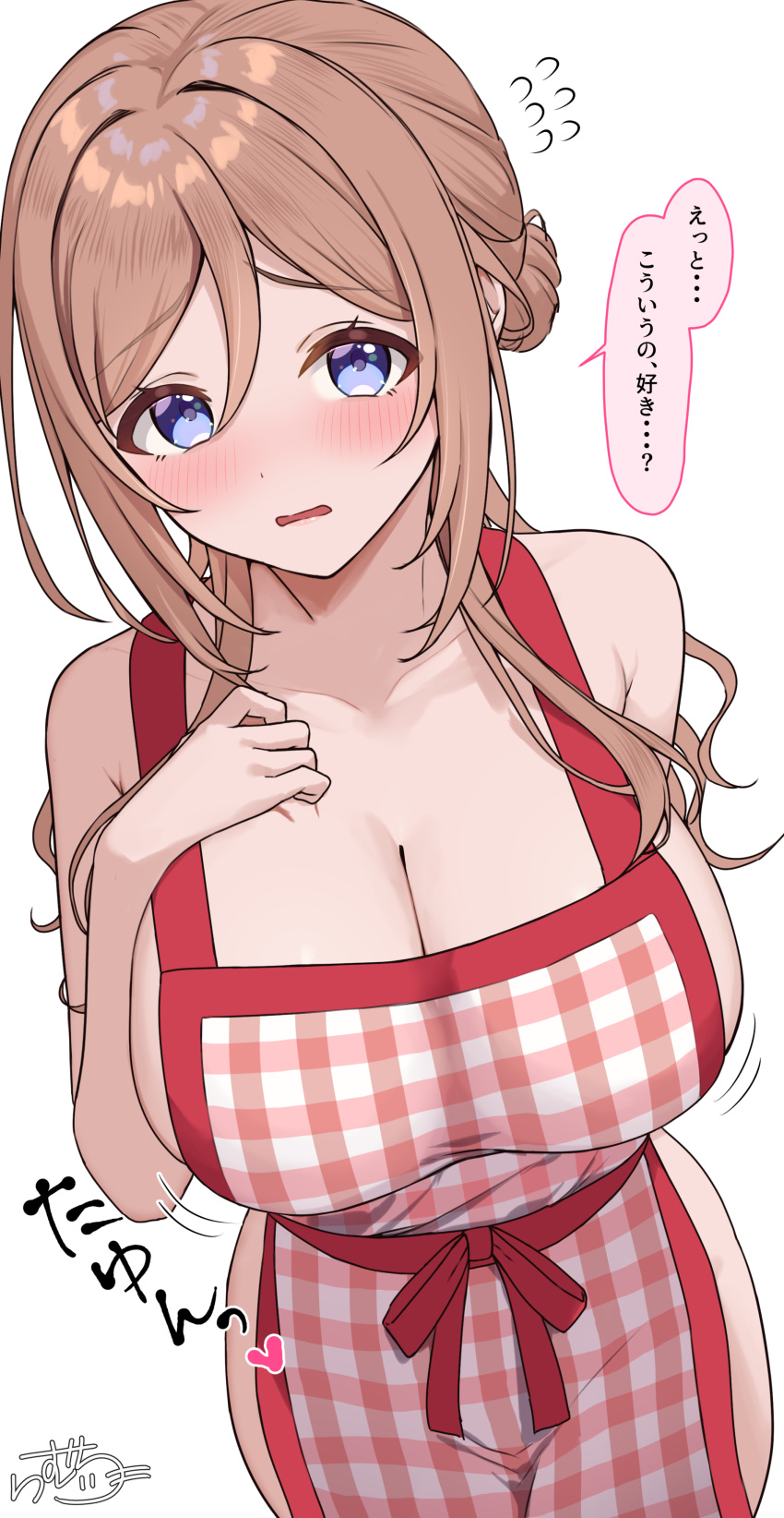 1girl 1girls absurd_res apron big_breasts blue_eyes blush breast_suppress breasts brown_hair cleavage collarbone commentary_request embarrassed flying_sweatdrops furrowed_brow gakuen_idolmaster hair_between_eyes high_res himesaki_rinami idolmaster long_hair looking_at_viewer naked_apron plaid_apron plaid_clothes ramchi shy signature speech_bubble thighs translation_request wavy_mouth