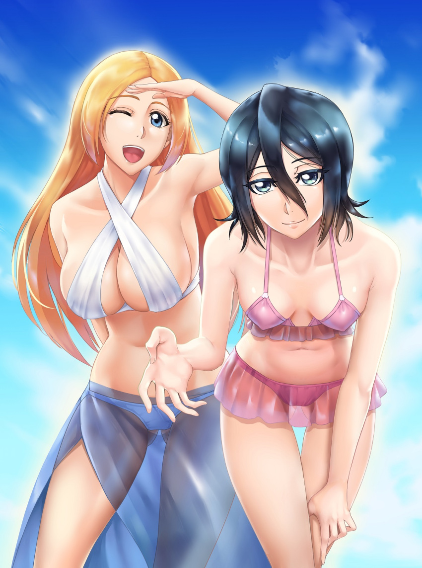 1girl 2_girls alluring big_breasts bikini black_hair bleach blue_eyes dress female_only inoue_orihime kuchiki_rukia long_hair looking_at_viewer midriff one_eye_closed open_mouth orange_hair rukia_kuchiki sakuya_(liao_kj) small_breasts smile swimsuit transparent_clothing