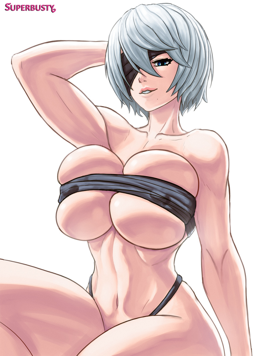 1girl abs alluring android arm_up athletic athletic_female bandeau big_breasts big_thighs blindfold blindfold_slip blue_eyes breast_press curvaceous curvy female_abs female_focus female_only fit_female g-string grin high_res high_resolution lips looking_at_viewer mole mole_under_mouth navel nier nier:_automata one_arm_up puffy_areola seductive_look seductive_smile short_hair simple_background smile solo_female solo_focus square_enix superbusty teeth thick_thighs thighs white_background white_hair wide_hips yorha_2b yorha_no._2_type_b