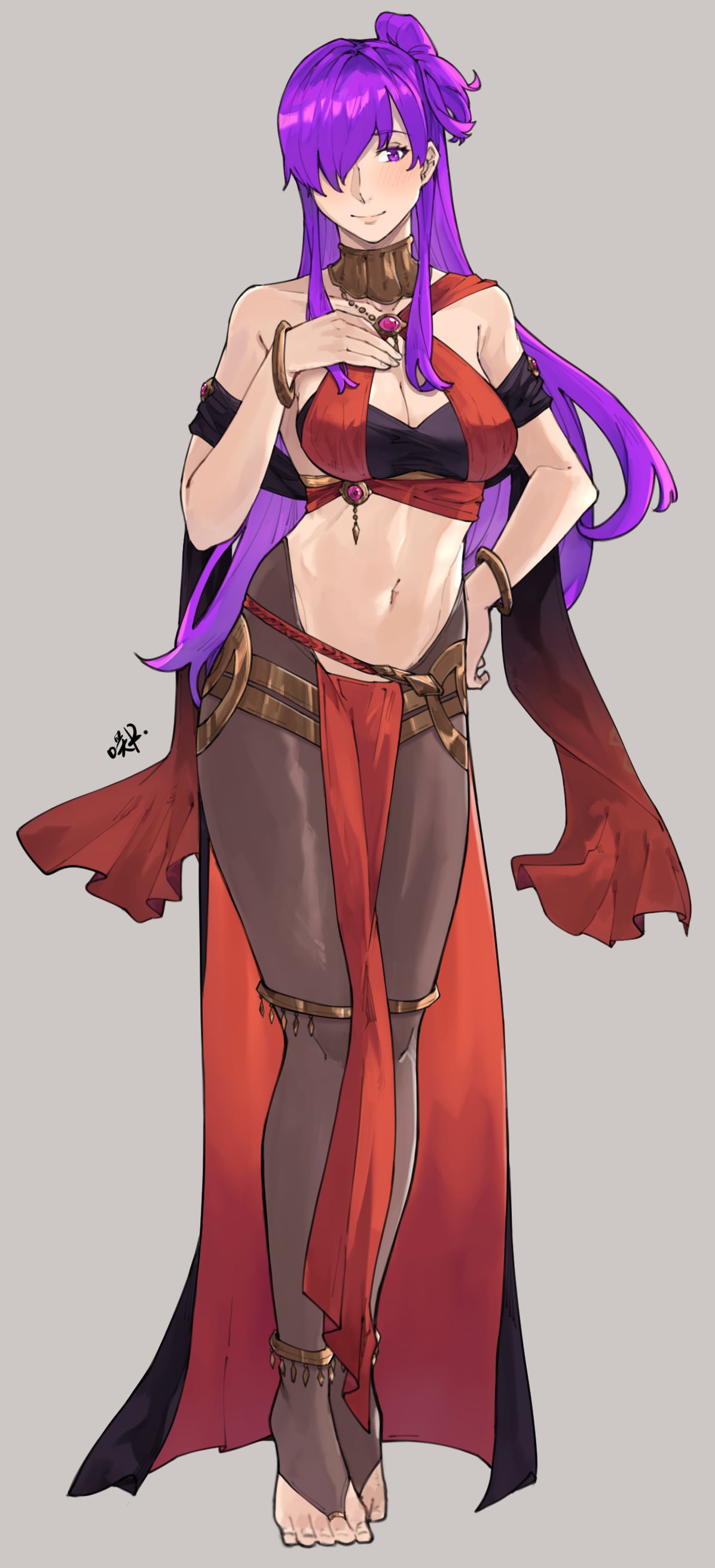 1girl absurd_res alluring alternate_costume anklet bare_shoulders big_breasts black_pantyhose cleavage commentary cosplay dancer female_only fire_emblem fire_emblem:_three_houses fire_emblem_heroes fire_emblem_warriors:_three_hopes full_body grey_background hair_over_one_eye harem_outfit high_res intelligent_systems jewelry lene_(fire_emblem) lene_(fire_emblem)_(cosplay) lene_(fire_emblem)_(plegian) lene_(fire_emblem)_(plegian)_(cosplay) long_hair looking_at_viewer midriff navel neck_ring nintendo one_side_up pantyhose pelvic_curtain plegian purple_eyes purple_hair sakuremi shez_(fire_emblem) shez_(fire_emblem)_(female) simple_background smile standing stomach thighs very_long_hair