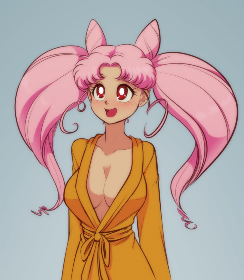 1girl aged_up alluring bathrobe big_breasts bishoujo_senshi_sailor_moon blush chibi_usa cleavage earrings high_res jewelry long_hair long_sleeves pink_eyes pink_hair scorpdk twin_tails very_long_hair