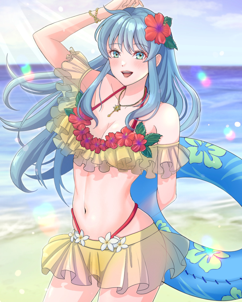 1girl alluring aqua_eyes aqua_hair big_breasts bikini cleavage eirika_(fire_emblem) fire_emblem holding_innertube inner_tube intelligent_systems kousetu0506 nintendo pin_up