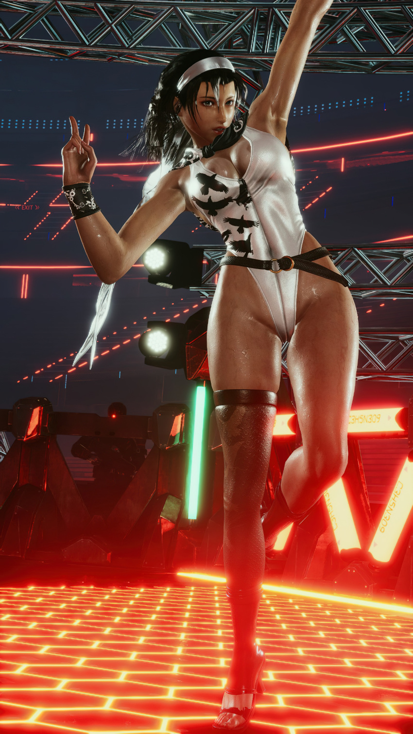 1girl alluring arena asian asian_female beckoning big_breasts black_hair brown_eyes headband high_heels japanese_female jun_kazama kazama_jun leotard looking_at_another milf milf namco open_mouth peace_sign revealing_clothes screencap sweat tan_body tekken tekken_2 tekken_8 tekken_tag_tournament tekken_tag_tournament_2 thick_thighs tight_clothing wet wet_skin