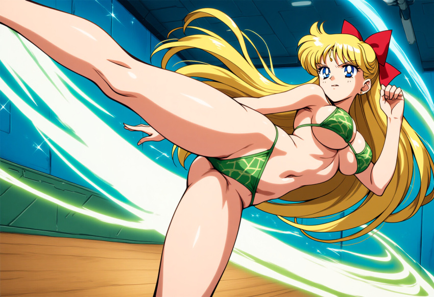 1girl alluring bare_legs big_breasts bikini bishoujo_senshi_sailor_moon blonde_hair blue_eyes cathouse_(artist) kick kicking minako_aino sailor_venus under_boob