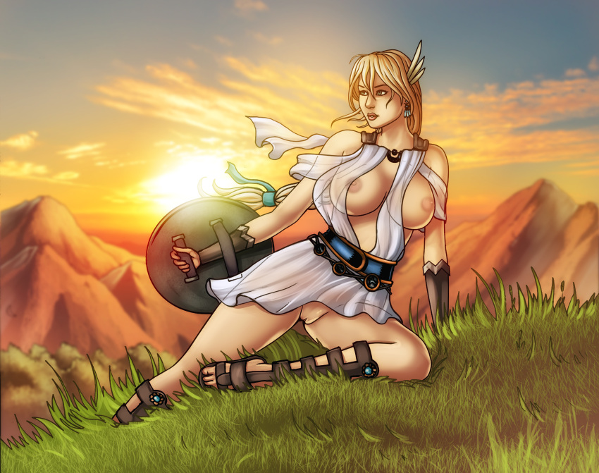 1girl alluring battle_dress big_breasts blonde_hair cleavage holding_shield nipples no_underwear project_soul rplatt see_through_clothing shield sophitia_alexandra soul_calibur soul_calibur_ii soul_calibur_iii soul_calibur_vi weapon