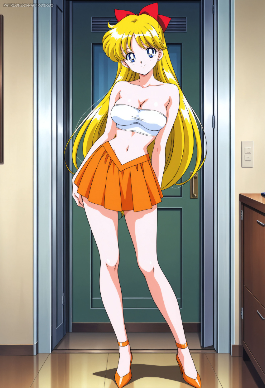 1girl alluring big_breasts bishoujo_senshi_sailor_moon blonde_hair blue_eyes cleavage high_heels koikoi_(artist) minako_aino pin_up skirt tube_top