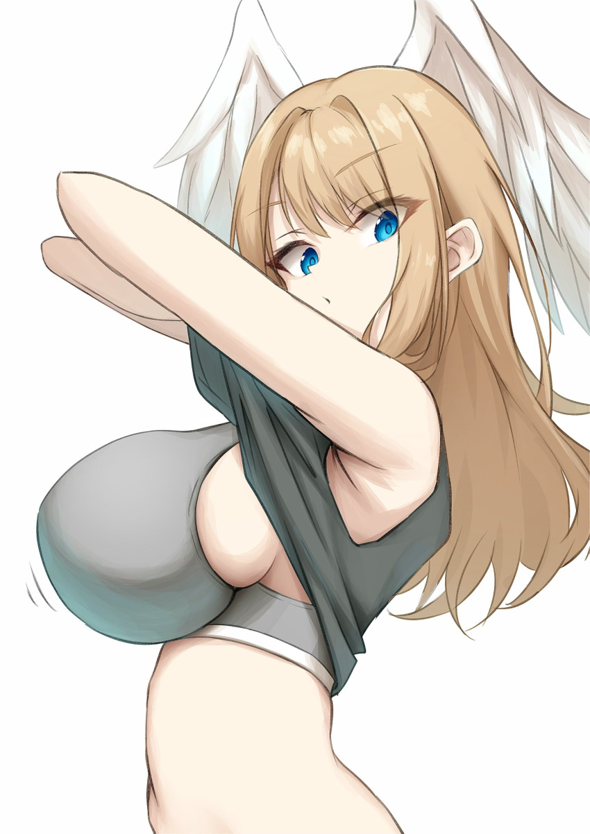1girl alluring big_breasts blue_eyes blue_pupils brown_hair commentary_request eunie_(xenoblade) head_wings high_res long_hair looking_at_viewer okazu2010015 sideboob simple_background undressing upper_body white_background wings xenoblade_(series) xenoblade_chronicles_3