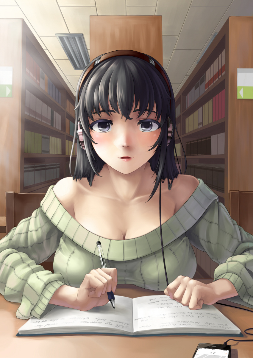1girl bare_shoulders big_breasts black_hair blush book bookshelf breast_press breast_rest breasts chair cleavage clenched_hand cloel cloel_(artist) collarbone female_only female_solo green_sweater grey_eyes headphones holding holding_object holding_pen indoors library long_hair long_sleeves looking_at_viewer neck notebook off-shoulder_sweater off_shoulder open_book open_mouth original pen sitting sleeves_rolled_up sweater upper_body writing